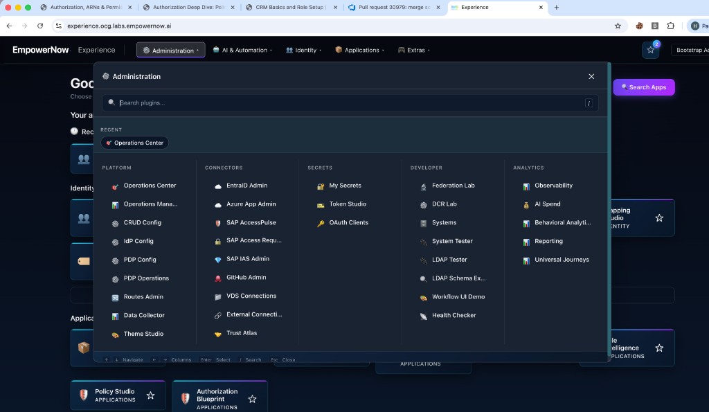 Administration plugin picker showing all available plugins