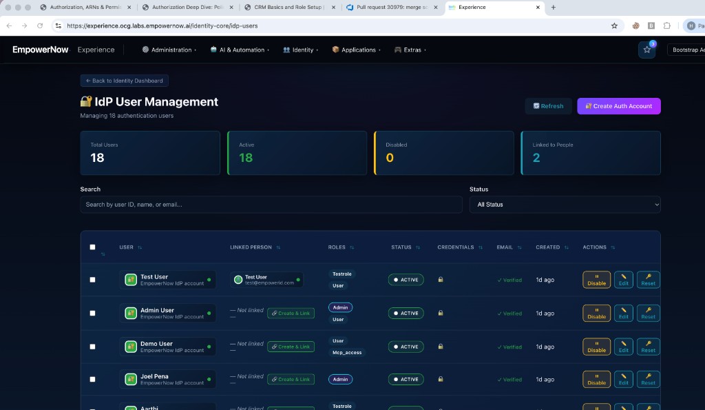 IdP User Management dashboard showing stats, filters, and user table